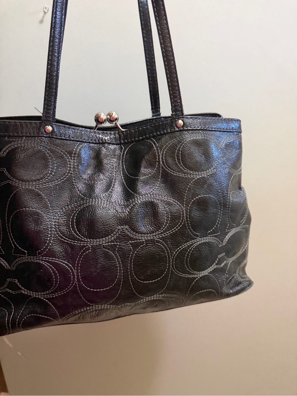Coach Black Leather Signature Tote with Polished Logo Disc - Picture 3 of 5